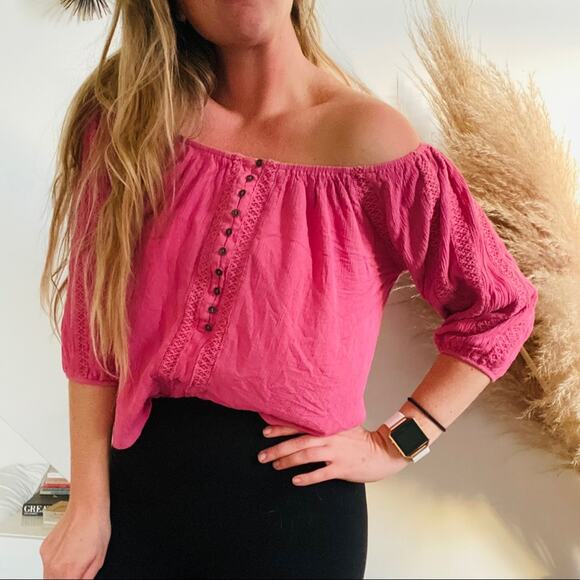 FOREVER 21 F21 Pink Crochet Off Shoulder Boxy Oversized Crop Top Shirt Blouse M - Picture 2 of 6